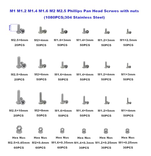 HVAZI 1080-piece 304 stainless steel Phillips pan head tiny machine screws and nuts assortment kit, M1-M2.5