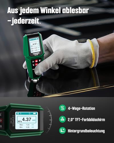 TESMEN TCG-2001 Car Paint Film Thickness Gauge Digital Paint Gauge with Bar Chart 4-Way Color Display Backlight Alarm Fe/NFE Probe - Green