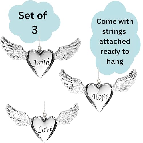 Faith Hope Love Angel Wings Ornaments Set of 3 – Heart Shaped Inspirational Hanging Décor – Christmas Tree Ornaments or Year-Round Memorial & Spiritual Home Decor – 4 Inch Keepsake Gifts