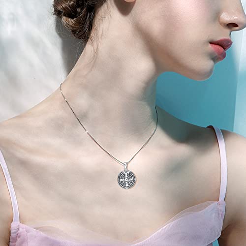 CRMAD Saint Benedict Necklace Sterling Silver Saint Benedict Cross Protection Pendant Christian Jewelry for Women Men