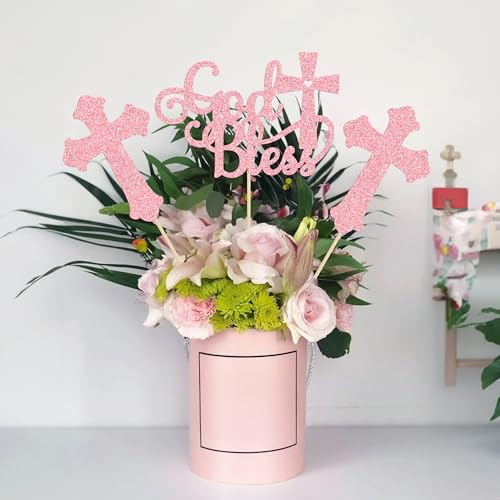 Gyufise 12Pcs God Bless and Cross Centerpiece Sticks Double Sided Cross God Bless Table Flower Centerpieces Sticks First Communion Baptism Decorations for God Bless Theme Party Supplies Pink