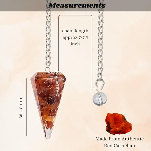 Anaya Agate Carnelian Pendulum - Certified Orgone Dowsing Crystal & Healing Gemstone Pendulum for Divination, Meditation, Chakra Balancing & Crystal Grid - Natural Gemstone Pendulum with Chain #26 Red Carnelian