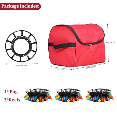 Christmas Light Storage Bag, Heavy Duty Tear-proof 600D/Inside PVC Material with Reinforced Handles, 3 Reels Stores up to 175 Ft of Mini Tree Lights & Extension Cords Red