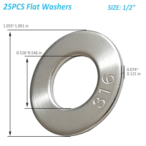HOTUFELG 25-pack 1/2-inch 316 stainless steel flat washers stack
