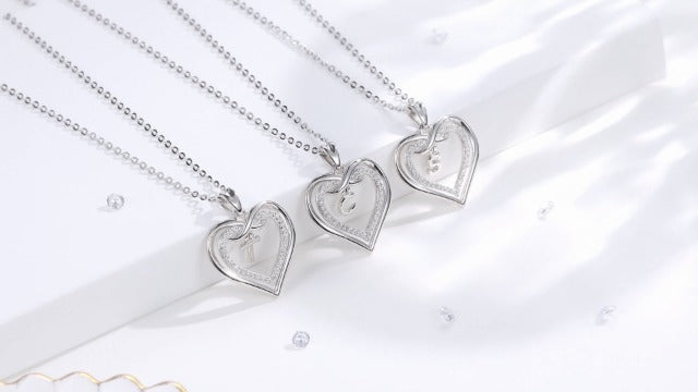 Vito 925 Sterling Silver Initial Necklace for Women, Cubic Zirconia Double Heart Letter Pendant, 18" K