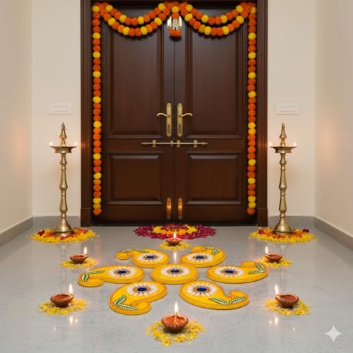 Yellow Paisley Acrylic Rangoli Set with Laxmi Charan Pagla – Traditional Handmade Rangoli Sticker for Home, Diwali, Wedding, Pooja & Housewarming Décor – 10 x 10 Inch