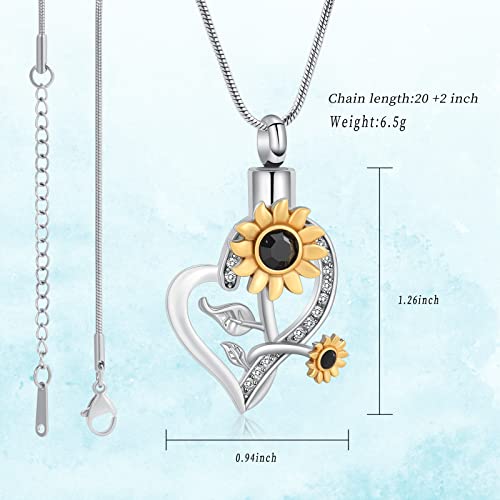 Sunflower Cremation Jewelry Heart Crystals Urn Necklace for Ashes for Women Human Ashes Pendant Pet Keepsake Memorial Jewellery Black