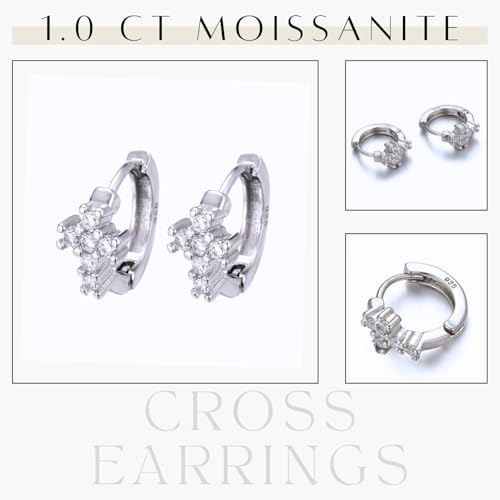 Halukakah Men's Moissanite Cross Earrings Total D1,0 ct in Platinum Plated 925 Silver with Certificate, Prong Setting 6 Lab Diamonds Stud Earring, for First Holy Communicon, Celebrations, and Birthday