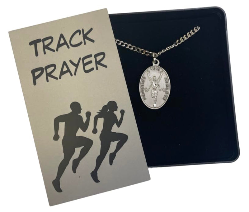 Track Pewter Runner Medal Necklace with St Sebastian Stainless Steel Chain