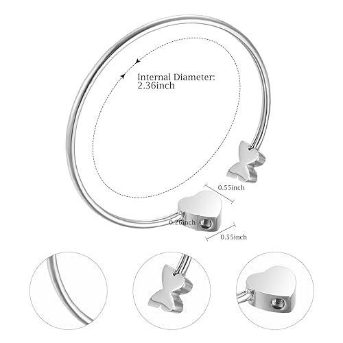 XIUDA Urn Bracelet for Human Ashes Butterfly Heart Ash Bracelet for Women Stainless Steel Openable Cuff Bangle Cremation Bracelet - Always in My Heart Silver