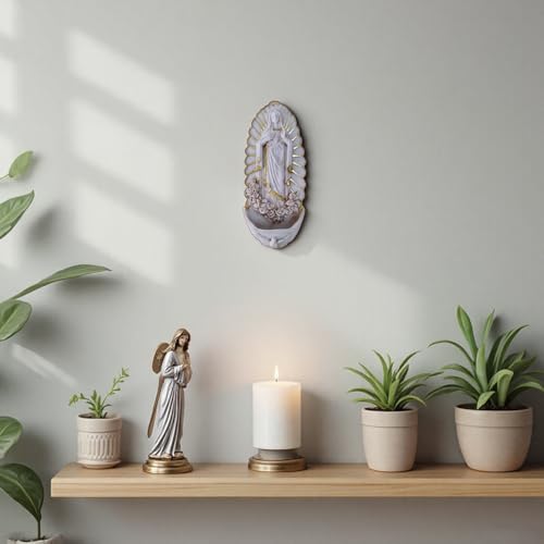 Catholic Wall Decor,Holy Water Font for Home, Handcrafted White Resin Wall-Mounted Holy Water Holder,Virgin Guadalupe Statue Fonts for Home Altar, Church, Gifts