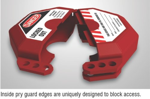 Accuform KDD471 STOPOUT Gate Valve Lockout, Fits Valve Handle Diameter 2-1/2" to 5", Hinged Plastic Clamshell Housing, Red 2.5" - 5"