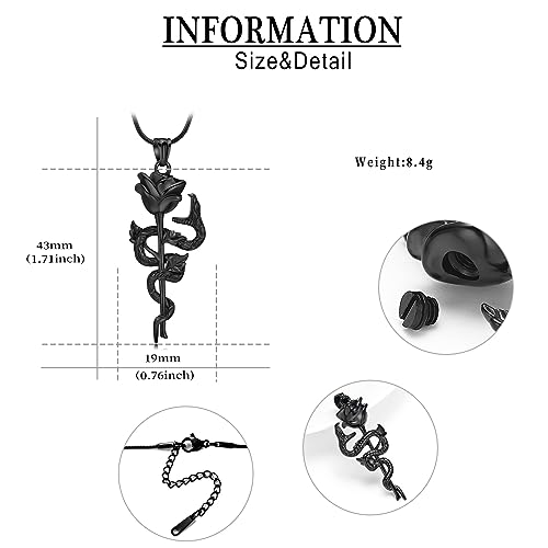 Snake Rose Urn Necklace for Ashes Roseflower Cremation Jewelry for Ashes Pendant for Women Men Memorial Keepsake Jewelry Black