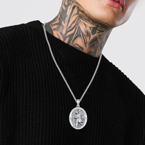 925 Sterling Silver Saint Religious Necklace for Men Women B11-Saint Christopher-Oval-Silver