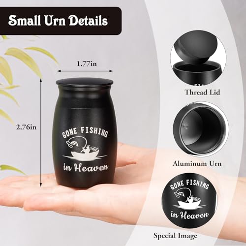 SOITIS Small Urns for Human Ashes - 2.76 Inches Black Aluminium Urn for Ashes Keepsake, Cremation Urns Memorial Holder, Funeral Sharing Decorative Urn for Women Men - Gone Fishing Mini Urn