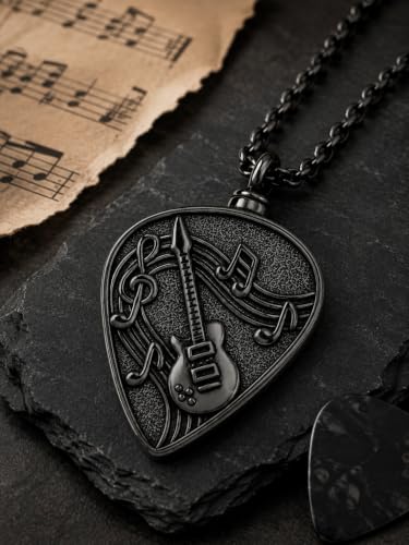 Guitar Pick Necklace Music Soundwave Guitar Pick Pendant with Music Note Jewelry Musicians Gifts 2-Black