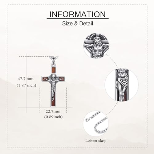 St Benedict Wood Cross Necklace 925 Sterling Silver Crucifix Saint Benedict Pendant Wooden Cross Religious Jewellery for Women Men with 24" Round Box Chain