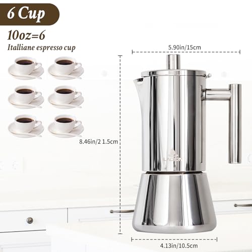 LAOION Stovetop Espresso Maker, 6Cup 10 oz Moka Pot, Stainless Steel Silver 6-Cup