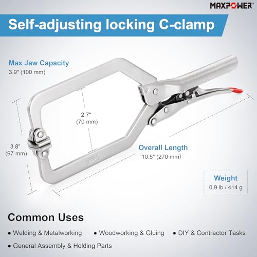 MAXPOWER 10.5-inch self-adjusting locking C-clamp with swivel pad and 3.9-inch jaw opening