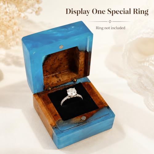 Wedding Ring Box for Proposal with Single Slot, Handcrafted, Made of Wood and Resin, Wedding Ceremony, Jewelry Organizer Light Blue