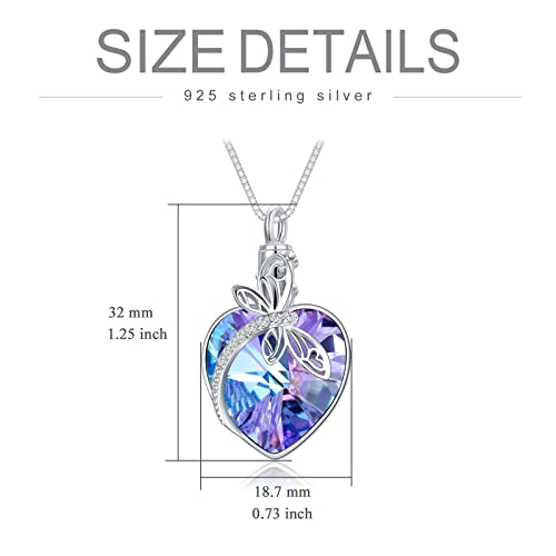 TOUPOP Sterling Silver Dragonfly/Butterfly Pendant Necklace with Crystal Birthday Christmas Jewelry Gifts for Women H-Dragonfly Urn Necklace-Purple Heart Crystal