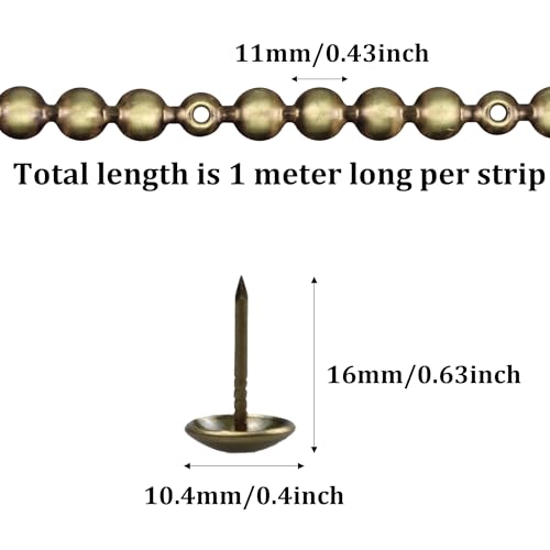 Bociloy 1-meter brass upholstery tack strips with single tacks for sofa, headboard, chair, and furniture trim