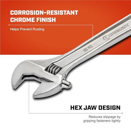Crescent 10-inch chrome finish adjustable wrench with wide jaw and textured handle