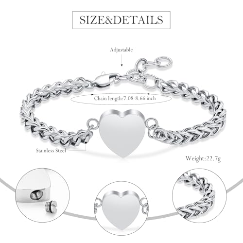 Heart Cremation Urn Bracelet for Ashes, 316L Stainless Steel Memorial Jewelry, Adjustable Cuban Link Keepsake Bracelet for Pet/Human Loss, Filling Tools & Gift Box Included Silver