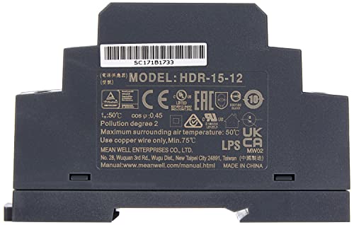 DIN Rail Power Supply 15W 12V 1.25A MeanWell HDR-15-12 DIN Rail Transformer (Pack of 2) black HDR-15-12 (Pack of 2)
