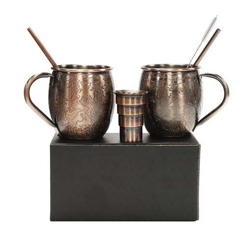 Sky Fish 3D Etched Moscow Mule Copper Plated Mugs Set of 2 Stainless Steel Mugs 18 oz Premium Gift Set with 2 Cocktail Copper Straws, Jigger