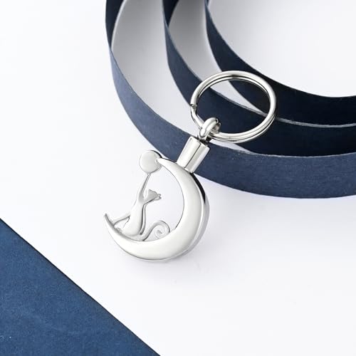 constantlife Cat Moon Urn Necklace for Women Pet Cremation Jewelry for Ashes Stainless Steel Pendant Funeral Keepsake Loved Ones Memorial Gift Black Keychain