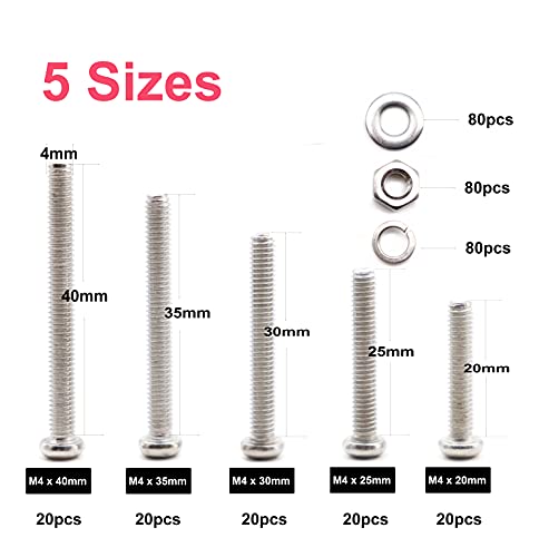 cSeao 340pcs M4 Pan Head Phillips Screws Nuts Washers Assortment Kit, 304 Stainless Steel, M4x 20mm/ 25mm/ 30mm/ 35mm/ 40mm 1. M4x20/25/30/35/40mm Screws Nuts Washers 340pcs
