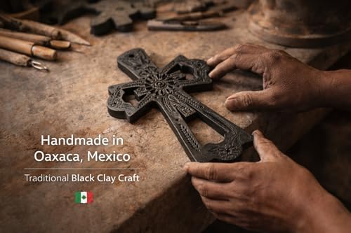 Handmade Mexican Black Clay Wall Cross – Christian Religious Decor – Rustic Artisan Cross from Oaxaca – Spiritual Home Accent – 7 x 10 Inch (Flowers) Flowers