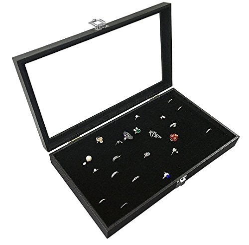 RJ Displays Glass Top Black Jewelry Display Case with 72 Slot Rings Tray. Comes with Free Jewelry Polishing Cloth