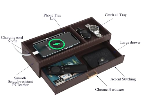 HofferRuffer Valet Jewelry Tray Organizer with Drawer, Faux Leather Storage Catchall Box Phone Charging Station Tray with Dresser Nightstand Desktop Drawer Organizer (Dark Brown) Dark Brown