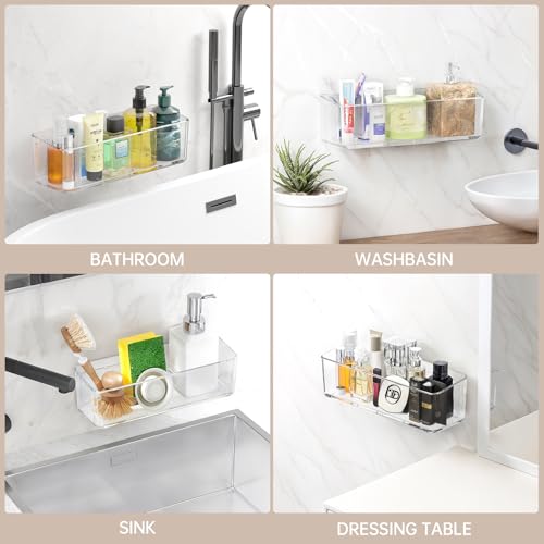 Two clear PAVSTINE shower caddies, large wall-mounted bathroom shelves with tall design, for organized shower storage.