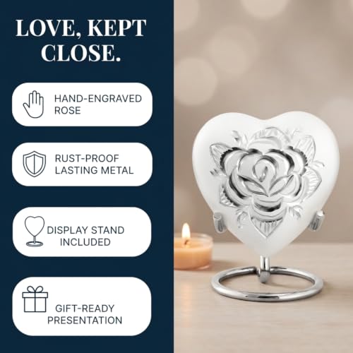Small Urns for Ashes for Women - Rose Keepsake Urn with Stand, Gift Box & Velvet Bag - Mini Memorial Heart urn for Loved Ones, Baby, Women & Men (Pearl White, Small) Pearl White