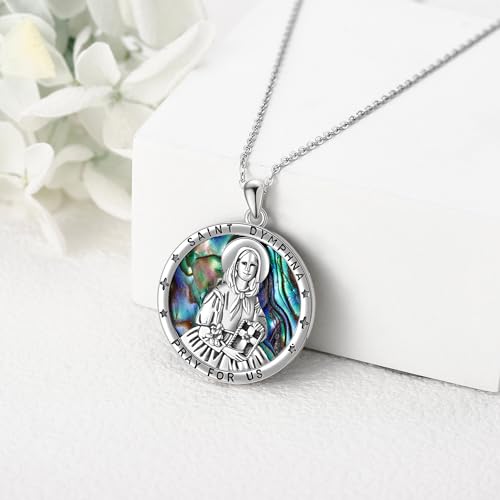 JERWLI St. Dymphna Necklace S925 Sterling Silver Saint Dymphna Medal Pendant Saint Necklace Round Religious Jewellery For Women Men Female
