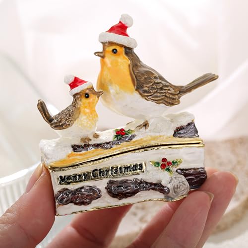 Hand Painted Enamel Christmas Robin Bird Trinket Box, Hinged Jewelry Organizer Storage, Unique Home Decor Keepsake Collectible Figurine, Personalized Decoration Ornament Gifts (Grey Christmas Sparrow) Grey Christmas Sparrow