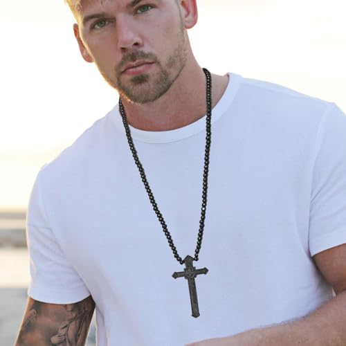 HZMAN Large Natural Wooden Crucifix Cross Necklace for Men Handmade Prayer Rosary Beads Necklace Pendant Catholic Jewelry Gift