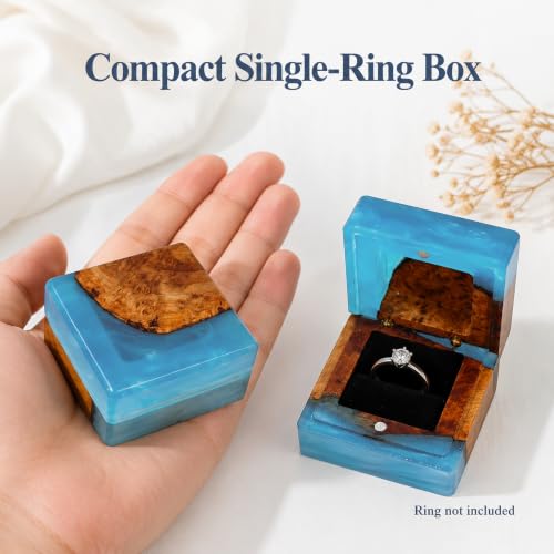 Wedding Ring Box for Proposal with Single Slot, Handcrafted, Made of Wood and Resin, Wedding Ceremony, Jewelry Organizer Light Blue