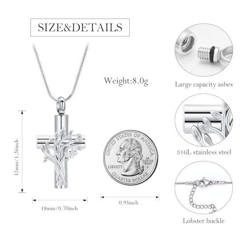 Cross Urn Necklace with Tree of Life Design Stainless Steel Cremation Jewelry for Ashes for Men Women Memorial Keepsake Pendant for Loved Ones Silver