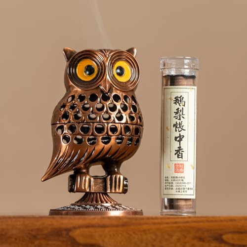 Owl Incense Burner, Metal Backflow & Cone Holder, Brass，4.7 inch