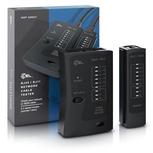 CSL - Network Tester - Network Cable Tester - for RJ45 and RJ11/12 (25)/14 Cable - Patch Cable Tester - LAN Network Cable Tester - 2 Speeds - Test LEDs for Precise Testing