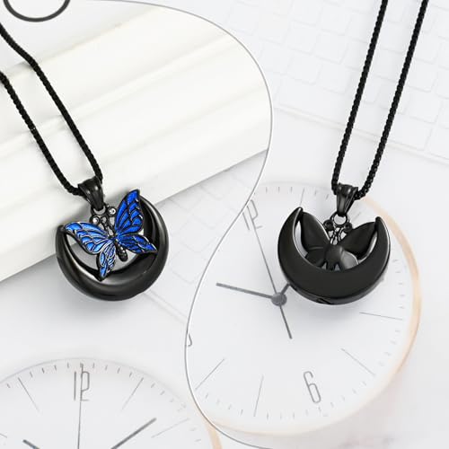 XSMZB Butterfly Urn Necklace for Ashes Women Men Moon Memorial Cremation Jewelry Ash Holder for Human Pet Keepsake Pendant Gift Black