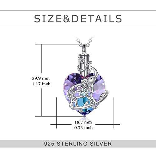 YFN Elephant Heart Crystal Urn Necklace for Ashes Cremation Jewelry Sterling Silver with Crystal Jewelry Gifts for Women Purple Pink