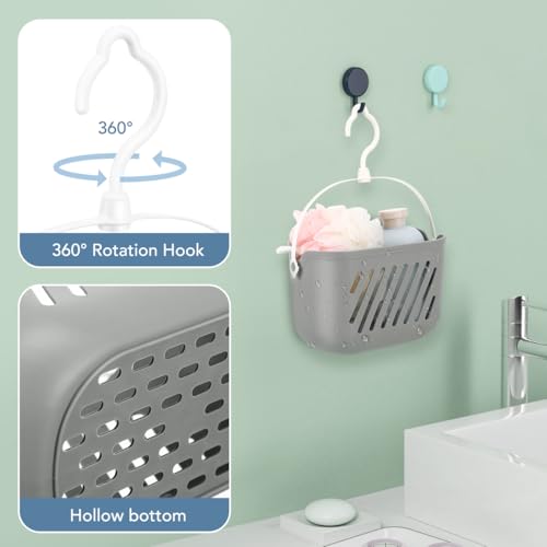 DOITOOL Hanging Hanging Shower Basket, Portable Plastic Shower Caddy Storage Basket with Rotatable Hook, Bath Tub Toy Holder Small Bathroom Organizer for College Dorm Bathroom Kitchen Grey