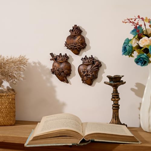 Wooden Three Sacred Hearts Wall Decor Holy Family Heart-4 Inch Retro 4 Inch