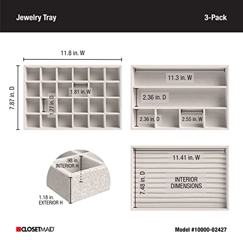 ClosetMaid Jewelry Trays, Set of 3, Stackable, Soft Velvet, Accessory Organizer for Earrings, Necklaces, Watches, Bracelets, Rings, Light Grey