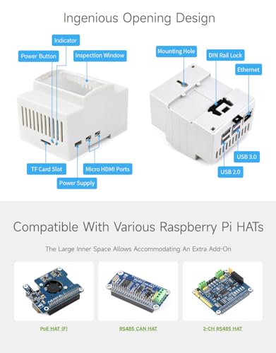Waveshare Protective Case for Raspberry Pi 5 Housing on DIN Rail Modular Box ABS Case Large Inner Space Injection Modulating with Rail Mount Support